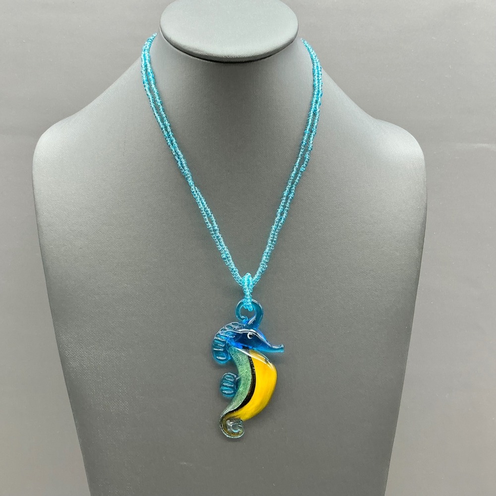 Seahorse Pendant Necklace Women Blue Yellow Glass Art Beaded Double Strand Beach